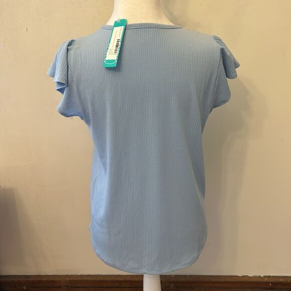 Staccato Marina light blue V neck flutter sleeve tee Size S New - Picture 4 of 9